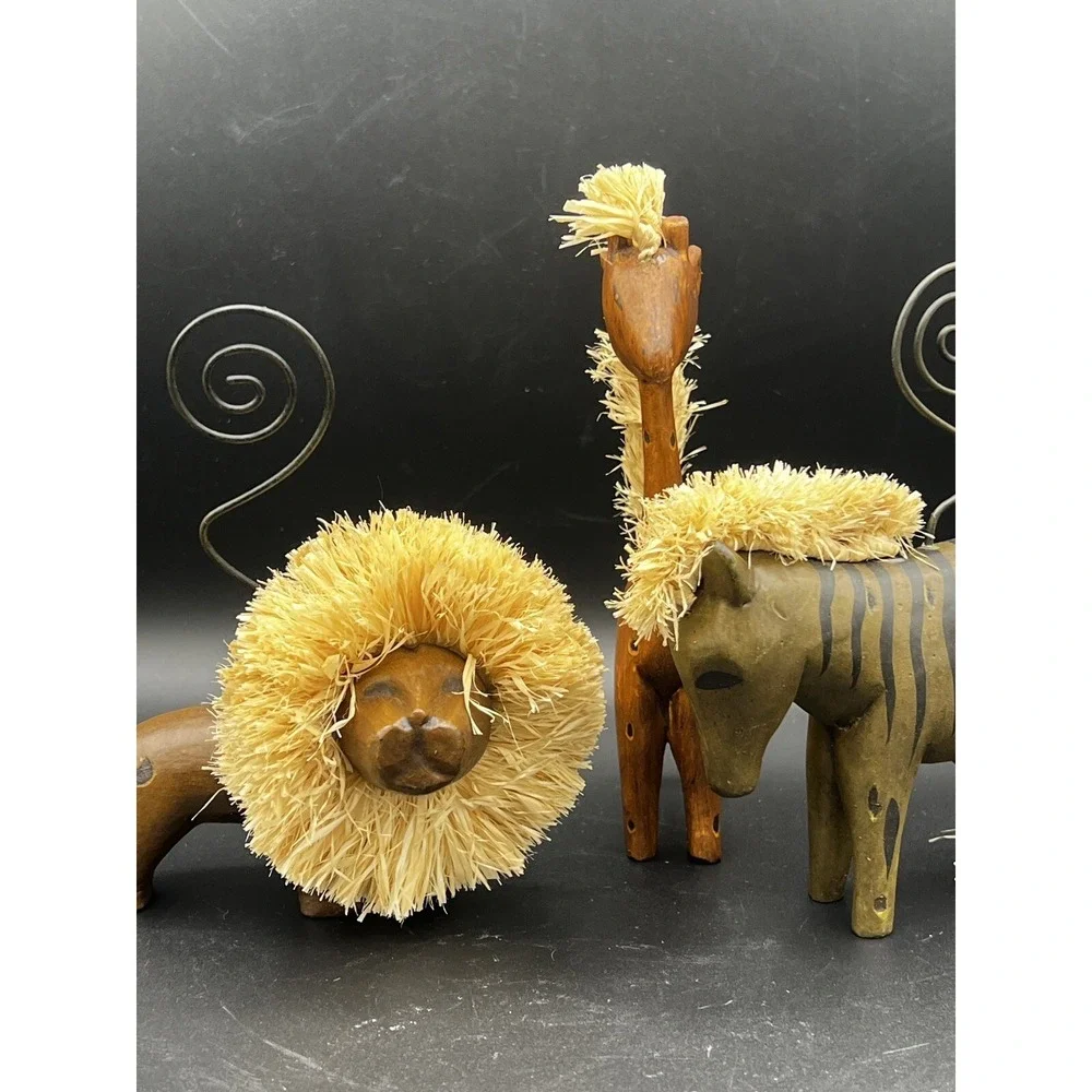 Carved Wood Animal Note Picture Holders Lion Giraffe Zebra Raffia Boho~ Set of 3